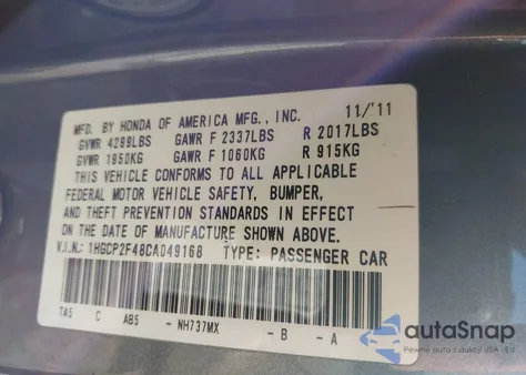 2012 Honda Accord 2.4 Lx-P из США, поврежденный, VIN 1HGCP2F48CA049168